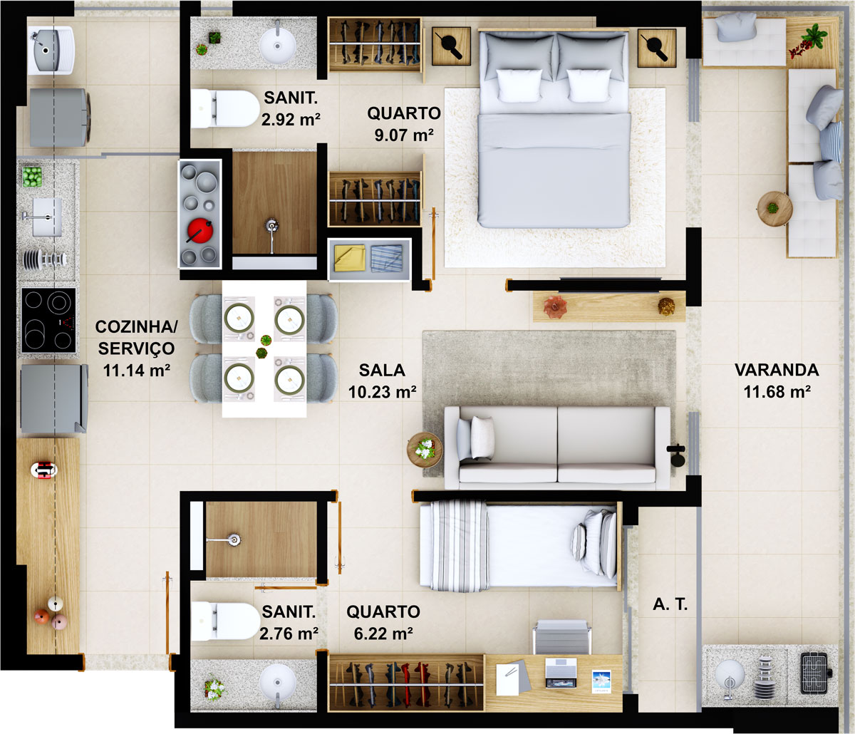 Suíte com varanda - 54.02m²