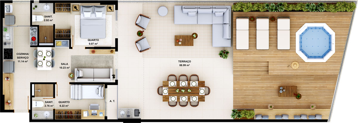 Suíte terraço - 131.33m²