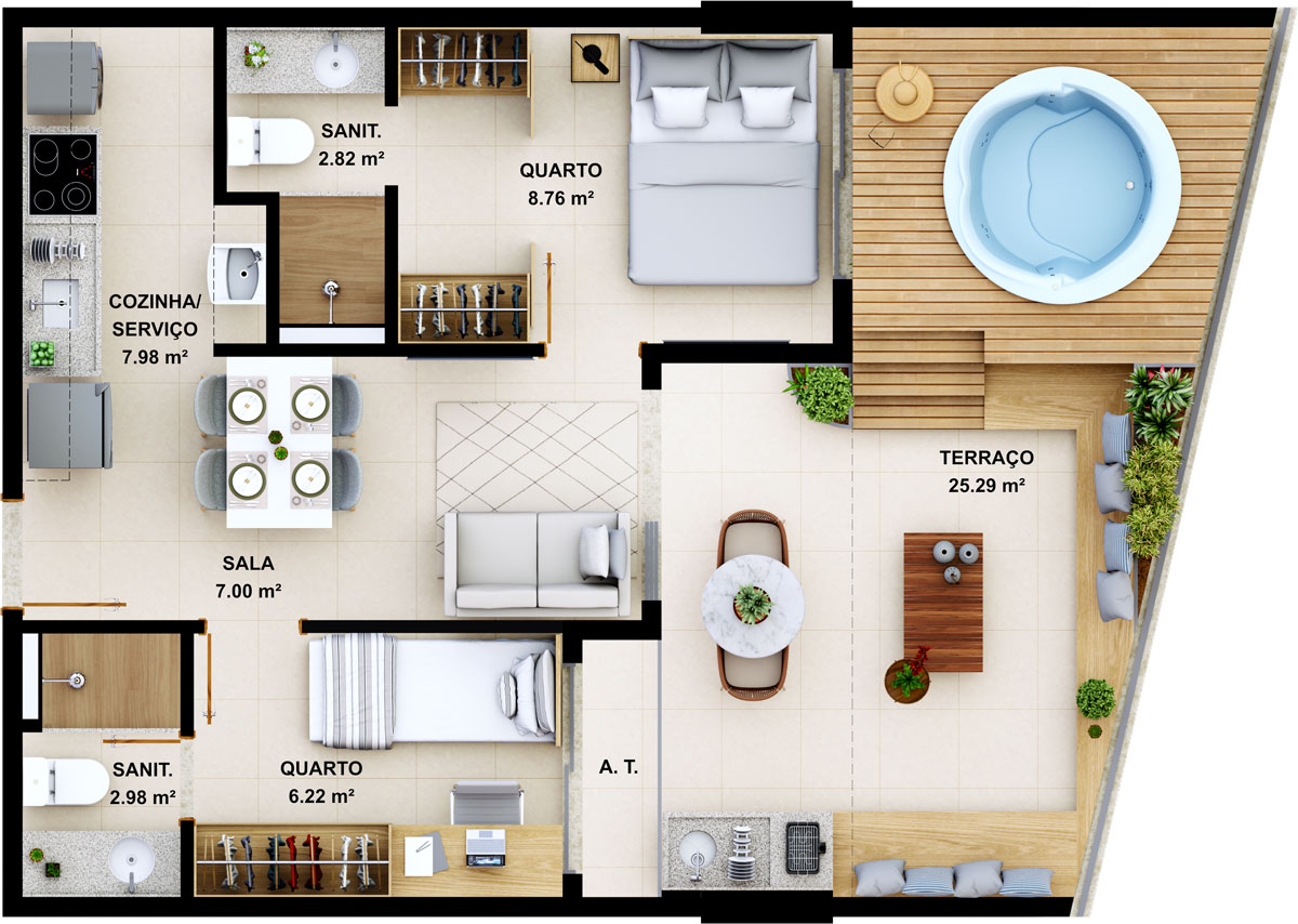Suíte terraço - 61.05m²