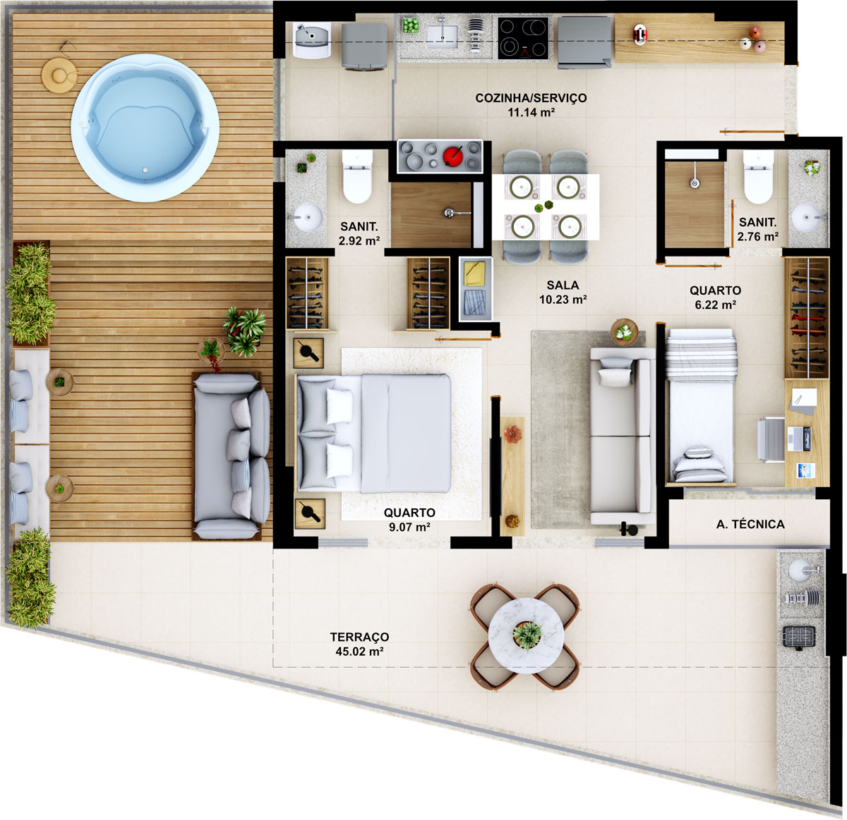 Suíte terraço - 87.36m²