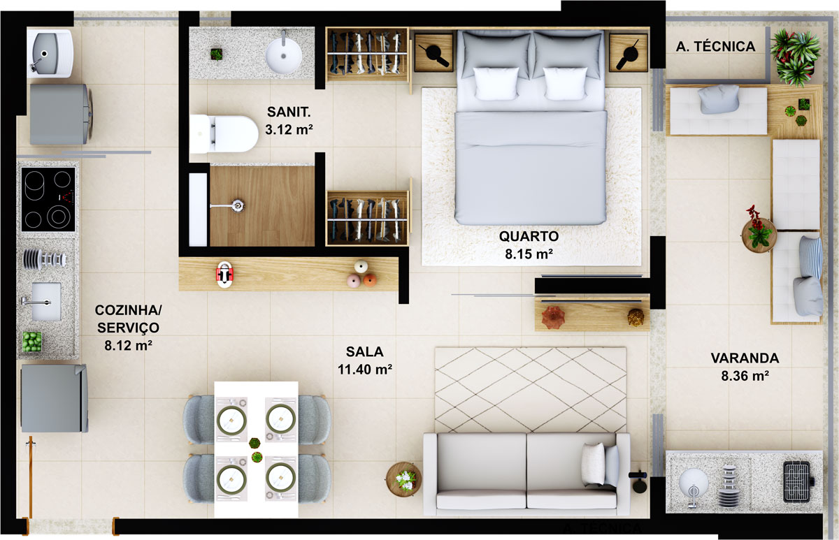 Quarto e sala com varanda e área de serviço - 39.15m²