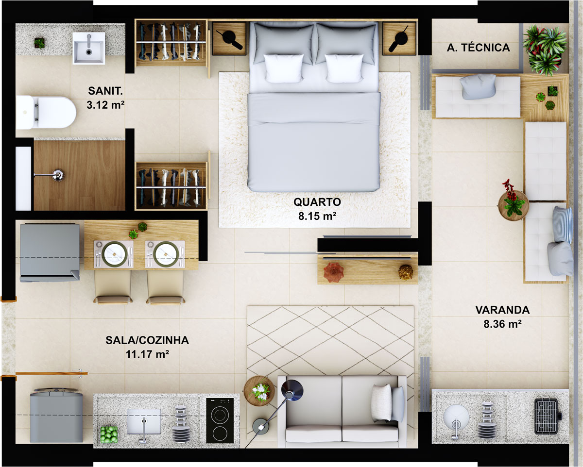 Quarto e sala com varanda - 30.80m²