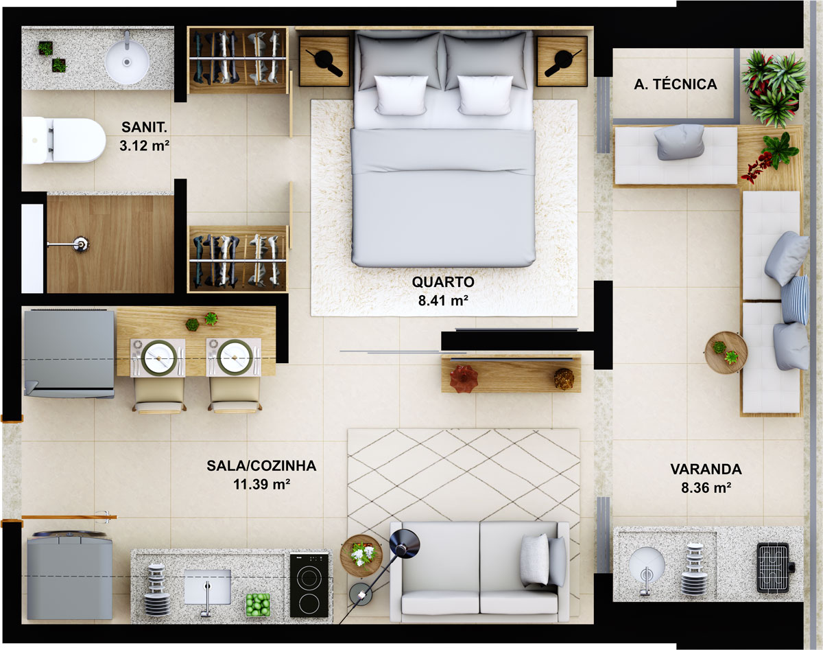 Quarto e sala com varanda - 31.28m²