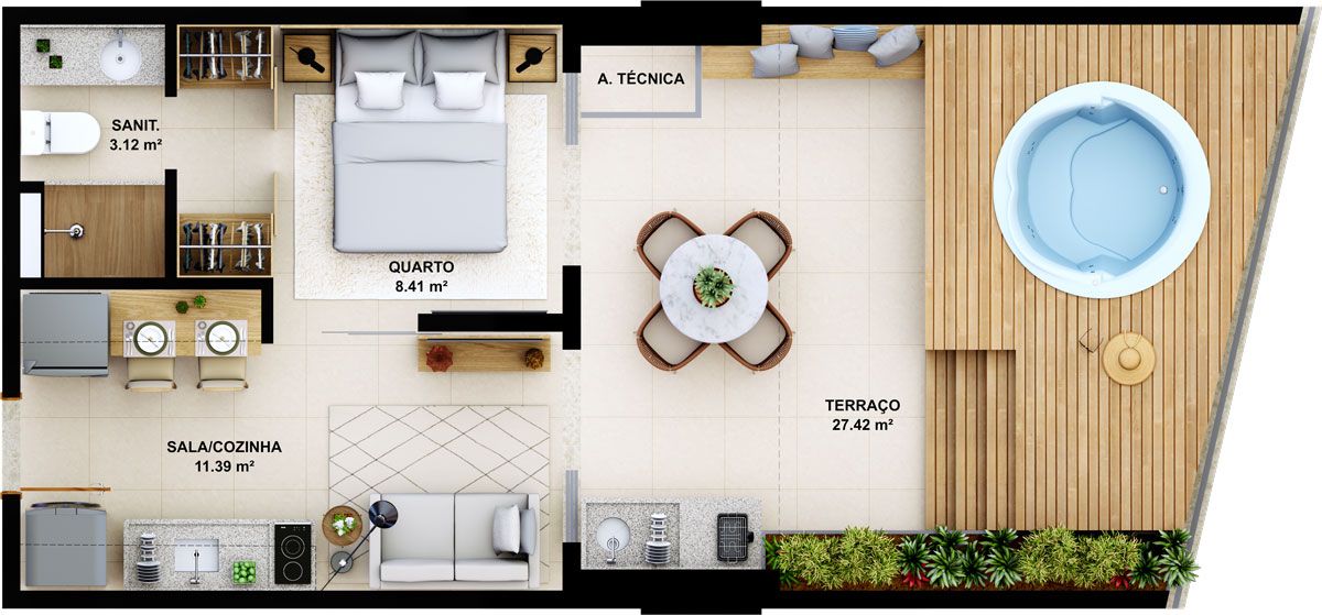 Quarto e sala com terraço e área gourmet - 50.34m²