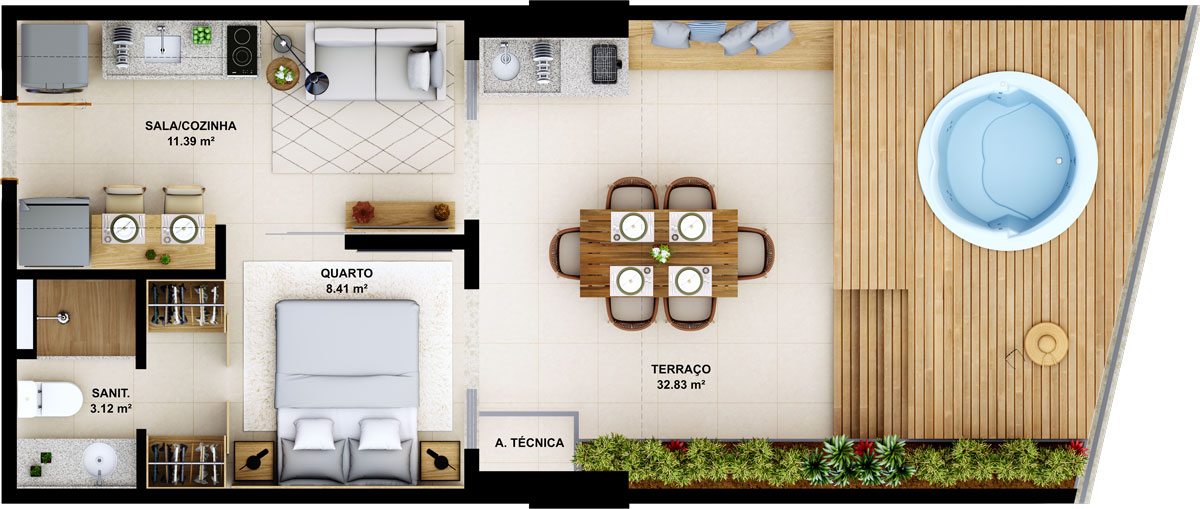 Quarto e sala com terraço e área gourmet - 55.75m²