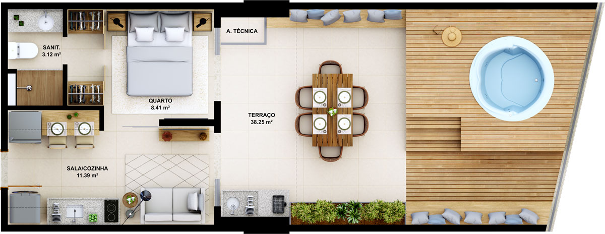 Quarto e sala com terraço e área gourmet - 61.17m²