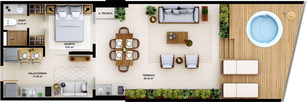 Quarto e sala com terraço e área gourmet - 73.24m²