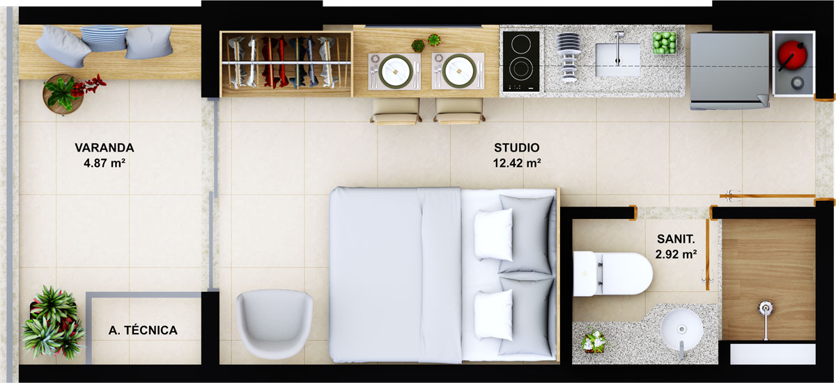 Studio com varanda - 20.21m²